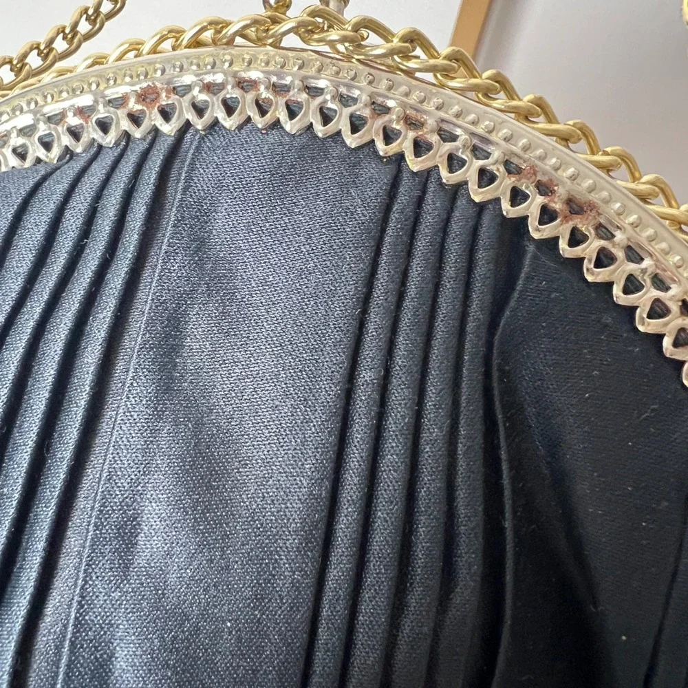 Vintage Black Pleated Satin Evening Clutch Handbag Chain Strap Kiss Lock Clasp‎
